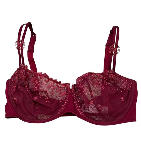 Simone Pérèle Red Embroidered Sheer Lace Underwire Bra 34DD Adjustable Straps Ho - Picture 1 of 6